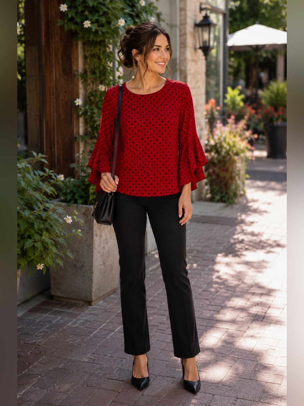 Evan Picone Black Label Red Polka Dot Blouse Bell Sleeve M